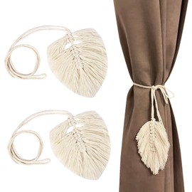 ZoeWei Curtain Tiebacks, Pack of 2 Boho Curtain Drawstrings, Handmade Tiebacks Curtains with Leaf Shaped Macramé Curtain Holder for Home, Office, Living Room, Bedroom Decoration (Beige)