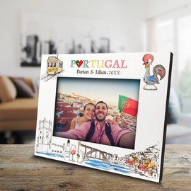 BELLA BUSTA-Personalize Portugal Theme Picture Frame-Wedding, Honeymoon, Vacation, Family Reunion- UV Print Belgian style Symbols Design Set (5x7 Horizontal)