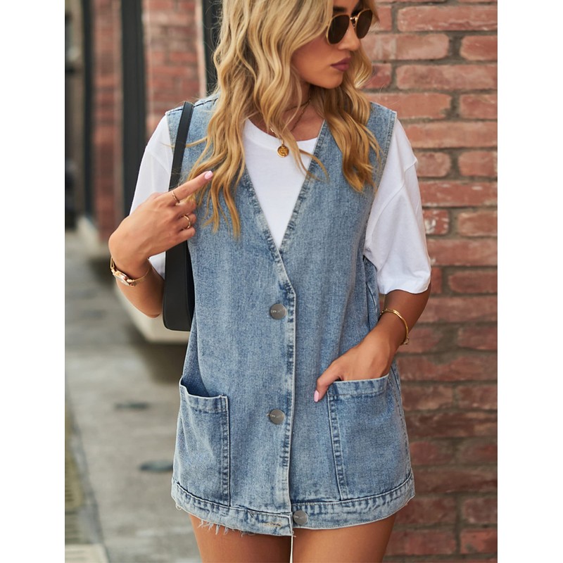 Shebote Womens Oversized Sleeveless Jean Denim Jacket Button Down Vest