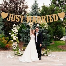 Just Married Wedding Garland with 2.4 m Bow, Bunting Wedding Banner, Vintage Wedding Decoration for Decoration, Wedding, Garden Party, Car, Wedding Ceremony, Bridal Shower (Brown)