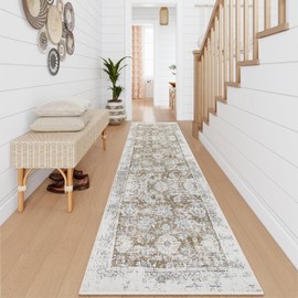 Lahome Vintage Floral Hallway Runner Rug, 2.5X10 Long Washable Runner Rug Non Slip Kitchen Runners,Low Pile No Shedding Carpet Runners for Entryway Bedroom ‎Bathroom,Beige