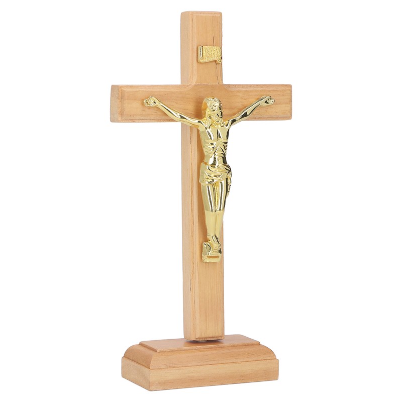 Crucifix Table Cross Hand Crafted Light Brown Durable Beech Metal