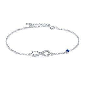 Infinity Ankle Bracelet for Women, 925 Sterling Silver Charm Adjustable Anklet (I-simulated sapphire_September Birthstone)