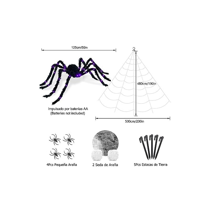 Decoración Halloween Araña Gigante 125 cm con Luz, Exterior e