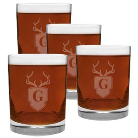 CEDAR CRATE MARKET 4 Piece Glass Set Engraved with Antler and Shield G-Letter Monogram, 13.5-Ounce
