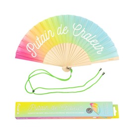 Fisura - Original handheld folding fan with message in french. wooden fan. Original holding Hand Fans. Fan with hanger included (Chaleur, rainbow)