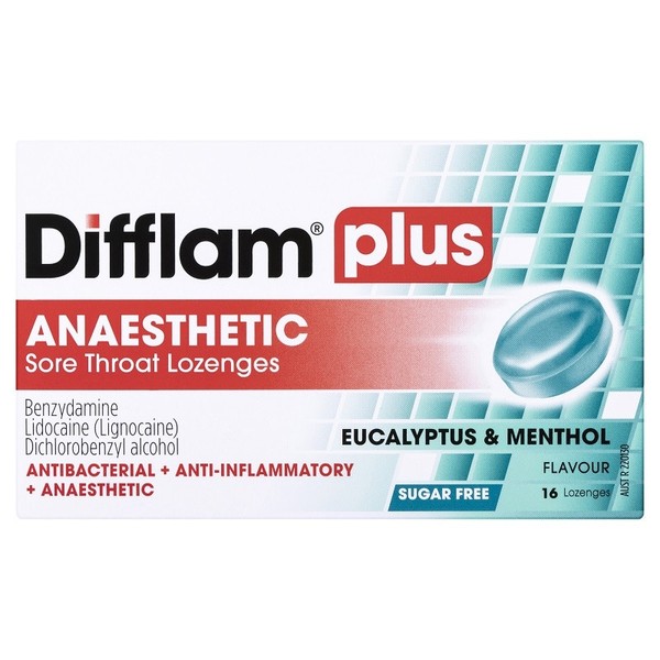 Difflam Plus Anaesthetic Sore Throat Lozenges Eucalyptus & Menthol Flavour X 16
