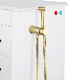 KWOCI Brushed Gold Hot and Cold Bidet Sprayer Set Mounted on The Bathroom Vanity, Stainless Steel Warm Water Bidet Sprayer for Toilet with Brass Hot and Cold Mixing Valve