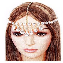Head Jewelry ~ Hanging Crystals Head Chain Headband Goldtone Casual or Formal for Women (CH0126-GP