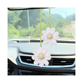 Osilly Crochet Daisy Rear View Mirror Hanging, Automotive Stuff Charm Ornament Pendant Knitted Cute Car Accessories, Interior Decoration Aesthetic Handmade for Women Girls, Universal Fit（White）