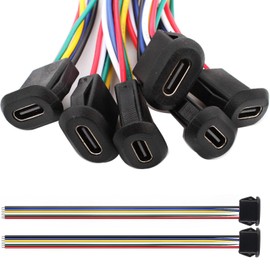 RUNCCI-YUN 6 pieces USB C female 5V 3A 6-pin with snap groove buckle, 6-wire USB C solder mounting socket with PD function, 150 mm 24 AWG wires, black