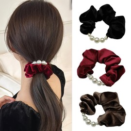 3 Pcs Vintage Sweet Velvet Pearl Scrunchies Hair Ties Elastic Ponytail Holder Hair Tie Hair Accessories for Women