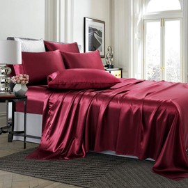 TREELY 6 Piece Satin Sheets King Size Silky Smooth Burgundy Satin Sheet Set with Deep Pocket, Satin Fitted Sheet, Flat Sheet, 4 Satin Pillowcase
