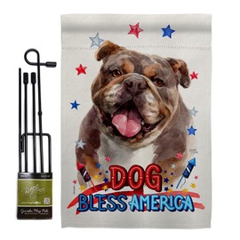 Breeze Decor Patriotic Chocolate Bulldog Garden Flag Set with Stand Dog Puppy Spoiled Paw Canine Fur Pet Nature Farm Animal Creature House Banner Small Yard Gift Double-Sided, Made in USA