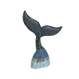 Exquisite Coastal Blue Carved Wooden Whale Tail Sculpture - 16-Inch High Tabletop Statue Ideal for Nautical Home Decor, Beach Houses, and Coastal-Themed Spaces