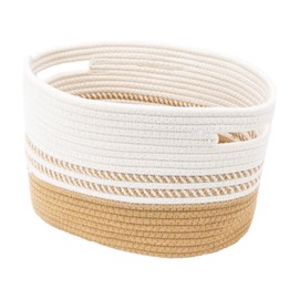 Kriovoa 1 Pack Woven Storage Baskets, Cotton Rope Storage Baskets for Shelves, Small Toy Storage Baskets, Baskets for Towel, Nursery Baskets for Organizing, Book Baskets with Handles, Brown and White.