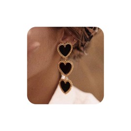 Aneneiceera Black Heart Drop Earrings Unique Interlocking Love Heart Dangle Earrings Long Tassel Drop Earrings Gold Paste Dangle Earrings Statement Prom Heart Dangle Studs Earrings for Women Girls