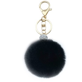 Xsclpomddy Pom Pom Keychain Artificial Soft Rabbit Hair Bag Pendant Ball Silver Water Crystal Keyring for Handbag Car Pendant Decoration, black