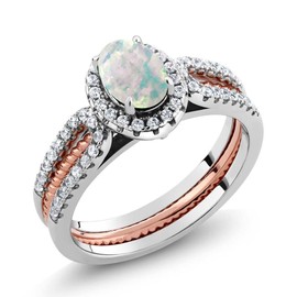 Gem Stone King 925 2-Tone Sterling Silver Simulated Opal Wedding Band Insert Engagement Stackable Ring For Women (1.25 Cttw, Available 5,6,7,8,9) (Size 6)