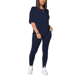HBQ Women 2 Piece Outfits Summer Sweatsuits Drop Shoulder Tracksuits Biker Short Workout Jogger Sets Dark Blue XL