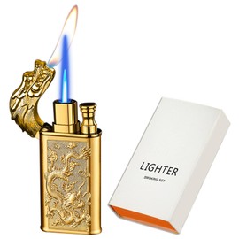 Torch Lighter, Cool Relief Dragon Dual Flame - Windproof Adjustable Jet Flame and Soft Flame, Refillable Butane Lighter for Gift, Candle, BBQ, Kitchen, Camping (Without Butane)-Gold