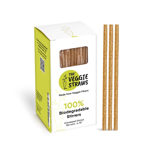 The Veggie Straws – 150 PCS of 4.75 Inches Unwrapped Biodegradable Drink Stirrers – Made of Vegetable Fibers, Best Cocktail Stirrers for Drinks of All Kinds
