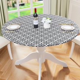 misaya Round Fitted Tablecloth with Elastic Edge, 100% Waterproof Oil Proof Plastic Table Cover, Vinyl Flannel Backed Table Cloth Fits 36"-44" Round Tables for Dinner, Outdoor, Picnic, Black
