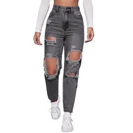 Floerns Women's High Waist Boyfriend Straight Leg Ripped Jeans Distressed Denim Pants Grey Black Medium