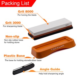 TOPXUAN Whetstone Knife Sharpening Stone 2 Sided 3000/8000 Waterstone, Professional Kitchen Knife Sharpener with Orange Plastic Base, Non-Slip Rubber and Angle Guide