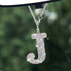 Wogomz Bling Letter Hanging Ornament for Car Rear View Mirror, Crystal Rhinestone Initial Letter Car Hanging Charm, Cute Lucky Diamond Auto Mirror Pendant Decoration for Women Girls (Letter J)