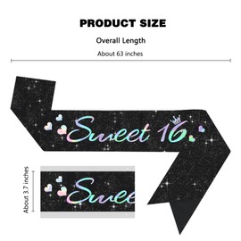 Vuzvuv Glitter Black Sweet 16 Sash with Iridescent Fonts, Happy 16th Birthday Decoration, Sixteen Birthady Party Supply for Girls