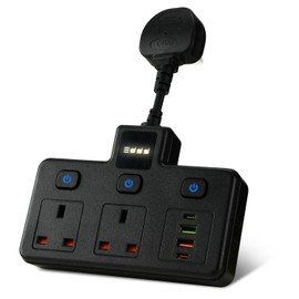 Plug Extension Socket with 4 USB Slots, BOCHLION 2 Way Multi Plug Adapter with Flexible Plug, Surge Protected Extension Lead with PD 20W USB C, Independent Switches and Night Light for Home,Black