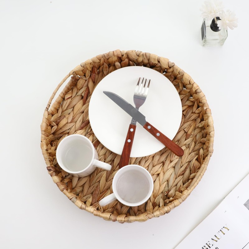 YRMT Water Hyacinth Serving Tray Round Woven Tray with Handles