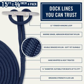 RainierSupplyCo Dock Lines 1, 2 & 4 Pack - Boat Rope for Docking with Loop - Premium Double Braided Nylon Marine Rope - Mooring Line with Eyelet - Boat Accessories