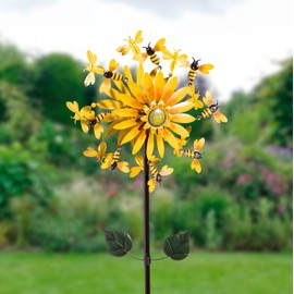 Evergreen Garden 75" H Sunflower Statement Wind Spinner Garden Décor and Accessories for Home and Yard (Sunflower & Bees)