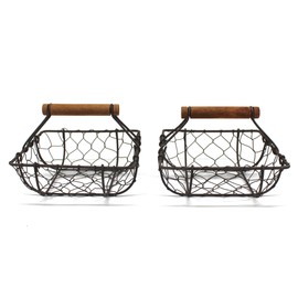 CVHOMEDECO. Chicken Wire Egg Baskets Rust Gathering Baskets with Wooden Handle Country Vintage Style Storage Baskets. Set of 2 (Square)