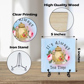 Tea Bar Decor, Coffee Bar And Tea Bar Accessories, Kitchen Must Haves, Tea Time Wood Plaque Decor Sign, Gifts For Tea Lover, Home Office Farmhouse Kitchen Decorations For Desk Table Shelf -45