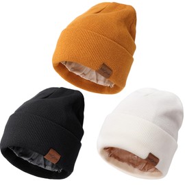 DRESHOW Beanie Hat for Men and Women, Warm Winter Hat with Soft Satin Lined, Unisex, Stretchy Hat with Cuffs, Knitted Hat, 3 x satin lined hats: white/caramel/black