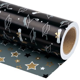 WRAPAHOLIC Reversible Graduation Wrapping Paper - Mini Roll - 17 Inch X 33 Feet - Black Gold Trencher Cap and Stars for Party, Celebration