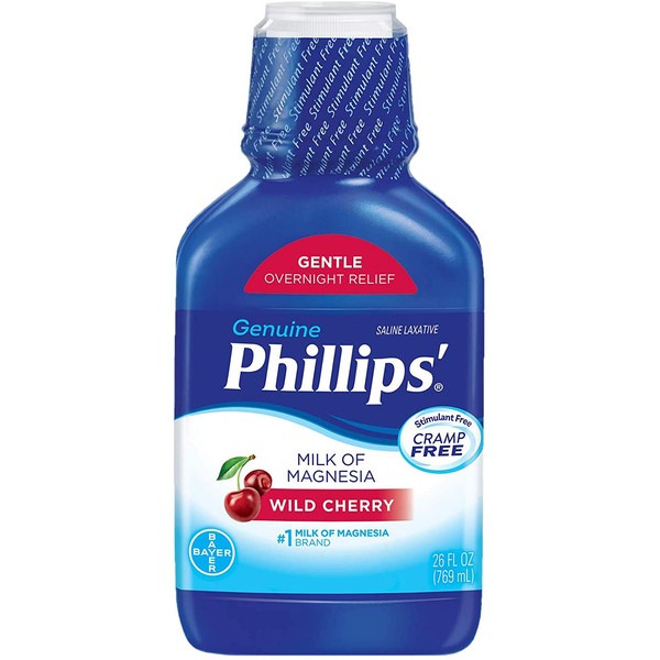 Phillips' Milk of Magnesia Liquid Laxative, Wild Cherry, 26 oz, Cramp Free & Gentle Overnight Relief Of Occasional Constipation, #1 Milk of Magnesia Brand (Packaging May Vary)