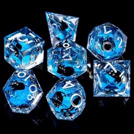 HAOMEJA Cat Liquid Core Resin Dice Set 7Pcs with Bag Sharp Edge Polyhedral Dice, Apply to D&D Dungeons & Dragons Role-Playing Games D20, D12, D10, D8, D6, D4 Games Gift (Blue & Silver Word)
