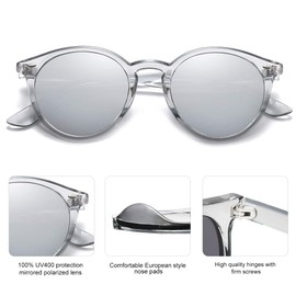SOJOS SJ2069 - anteojos de sol polarizadas redondas retro para mujeres y hombres, Gris transparente/plateado, M