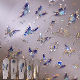 Embossed Butterfly Nail Stickers Blue Gradient Aurora Butterfly Nail Decals Spring Self-Adhesive Nail Decals Stickers for Women DIY Star Manicure Decoration Supplies