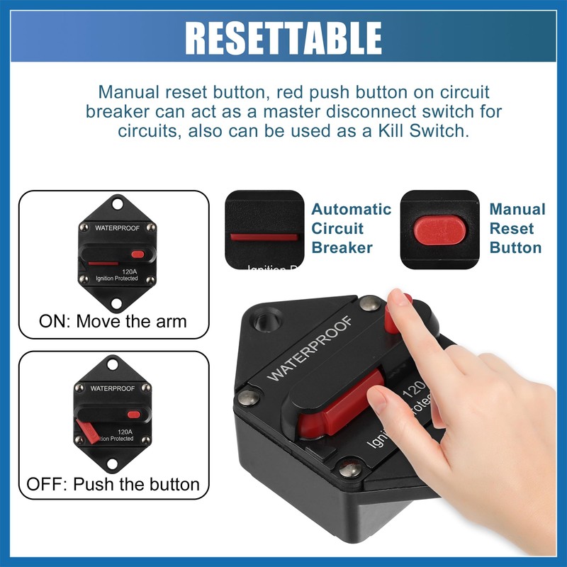 A ABSOPRO Car Circuit Breaker 120A Waterproof with Reset Fuse