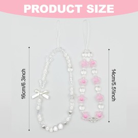 2Pcs Beaded Phone Charms,Acrylic Beaded PhoneBracelet Strap,Pearl Bow Cell Phone CharmStrap,Crystal Butterfly Flower Pearl PhoneCharms Strap for Key Ring Backpack Wallet Camera Anti-Lost Lanyard