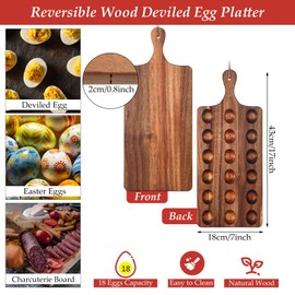 Gerrii Reversible Wooden Deviled Egg Platter Deviled Egg Tray Charcuterie Board Acacia Deviled Egg Holder Cutting Board Cheese Serving Tray (17 x 7 Inch, 18 Holes)
