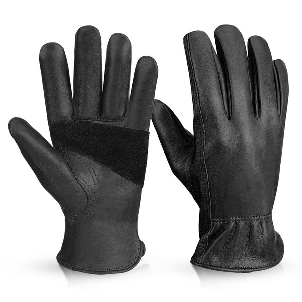 OZERO Genuine Cow Leather Gloves, Heat Resistant Gloves, For Working, Camping, Bonfire, Welding, Fireproof, Gardening, Outdoor Activities, Barbecues, Abrasion-resistant, Blade-proof, Black, S, M, L, XL Size (S, Black)
