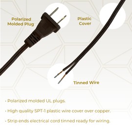 Royal Designs Lamp Cord Molded Plug with On/Off Switch, Stripped Ends Ready for Wiring, 8 ft long, Brown, SPT-1 UL Listed