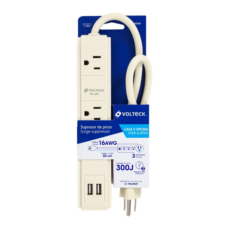 Volteck MUL-340U, Multicontacto 3 entradas, supresor, 300 joules, 2 puertos