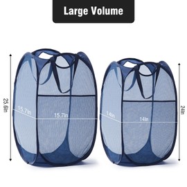 TECHMILLY Upgraded 105L Collapsible Mesh Pop Up Laundry Hamper with Sturdy Handles and Side Pocket - Portable Foldable Clothes Baskets for Dorm, Bathroom & Travel Storage (Blue Plus)